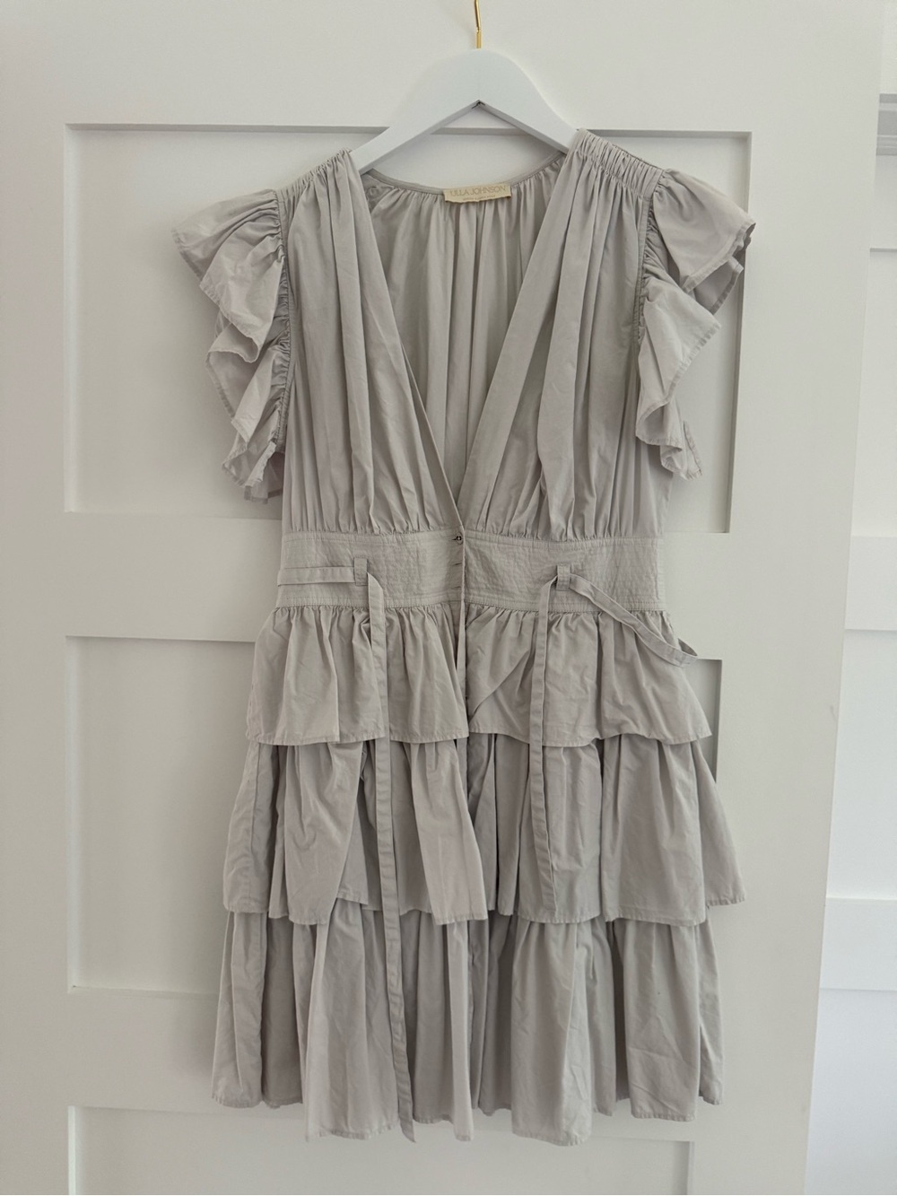 Ulla Johnson Pale Gray Tiered Ruffle V-Neck Mini Dress